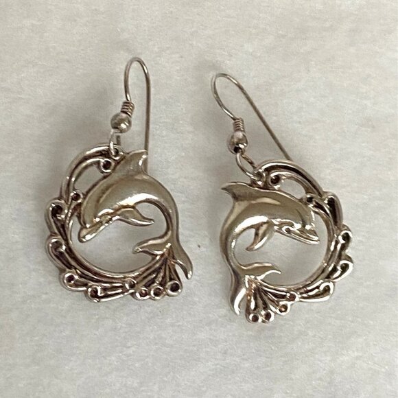 VTG Sterling Silver 925 VIMAR 1.60" Jumping Dolphin Wave Dangle Earrings Sealife - Picture 16 of 16
